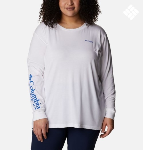 Women's Columbia PFG Slack Water Graphic Long Sleeve Sweatshirts White | Plus Size CA-J6835